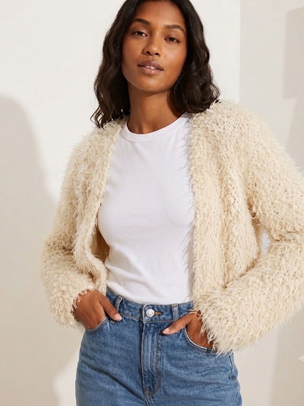 Anthropologie / Knitted & Knotted Faux-Shearling Plush Open Front Cardigan Lace